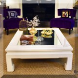 F02. Vintage white and mirror inlay coffee table. Newly relacquered. 15”h x 50”l x 38”w 